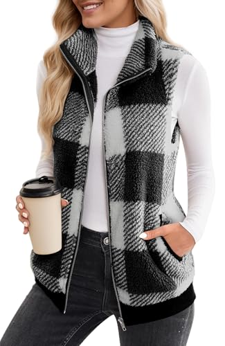 FEOYA Teddy Fleece Weste Damen Warm Plaid Plüschweste mit Taschen Stehkragen Herbstmantel Kurze Ärmellose Winterjacke Grau XXL von FEOYA