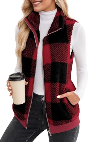 FEOYA Teddy Fleece Weste Damen Warm Plaid Plüschweste mit Taschen Stehkragen Herbstmantel Kurze Ärmellose Winterjacke Rot M von FEOYA