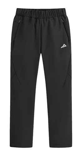 FEOYA Teenager Hose Softshell Warme Kinder Arbeitshose Elastischer Bund Gefüttert Jungen Wanderhose Mit Fleece Futter Stretch Trekkinghose Wasserdicht Sport Outdoor Länge Schwarz 10 11 Jahre von FEOYA
