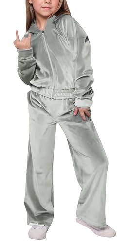 FEOYA Teenager Kleidung Mit Kapuze Velour Baby Sportanzug Stricken Mädchen Bekleidungssets Jogging Warme Kinder Jogginganzug Coole Fleece Für Mädchen Trainingsanzug Gefütterte Grau 9 10 Jahre von FEOYA
