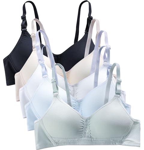 FEOYA Teenager Mädchen BH 5er Baumwolle Mädchen Bustier Trainings-BH Atmungsaktiv Sport-BH Basic Bralette Unterwäsche Ohne Bügel Mehrfarbiges Weiß+Schwarz+Blau+Grün+Beige 80B von FEOYA