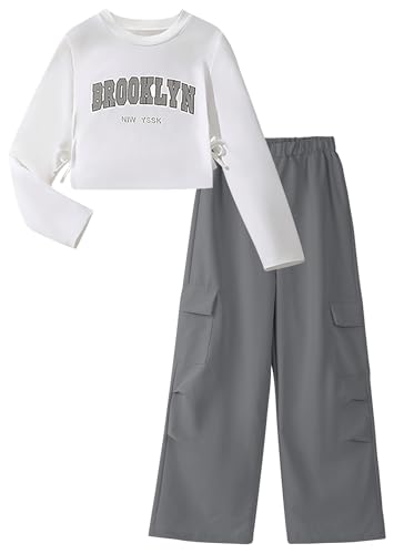 FEOYA Teenager Oberteile Hose Cargo Sommer Mädchen Hosen Set Baggy Mit Elastischem Bund Kinder Cargohose Dance Loose Für Mädchen Jogginghose Frühjahr Solid Weite Leichte Coole Elastic Grau 8 Jahre von FEOYA