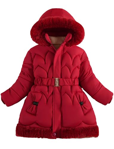FEOYA Teenager Winterjacke Winter Schnee Baby Jacke Puffer Wasserdicht Mädchen Mantel Mit Kellkapuze Lang Kinder Wintermantel Fleece Teddy Daunenjacke Warme Gefüttert Dicke Outdoor Rot 5 6 Jahre von FEOYA
