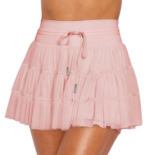 FEOYA Tennis Rock Damen Sport Skort mit Shorts Hohe Taille Faltenrock Rüschen Minirock Hosenrock Sommerrock Workout Yoga Golf Rosa XL von FEOYA