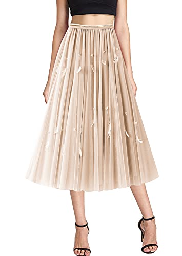 FEOYA Tüllrock Beige Damen Sommerrock Damen Lang Plisseerock Damen Midi Faltenrock Damen Lang Sommer Tüllrock Damen Midi Elegant Freizeit von FEOYA