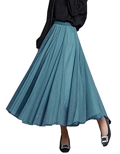 FEOYA Tüllrock Blau Damen Lang A Linie Langer Rock Damen Elegante Hochzeit Maxiröck Frauen Pliseerock Damen Tüllrock Damen Maxi von FEOYA