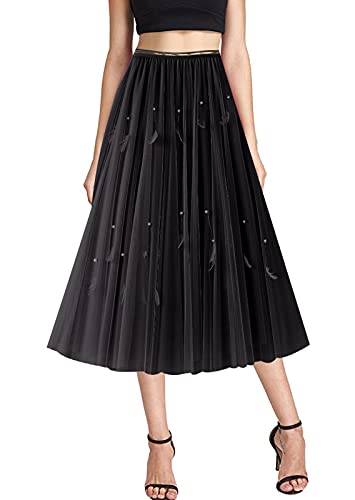 FEOYA Tüllrock Schwarz Damen Rock Damen Lang Sommer Tüllrock Damen Midi Elegant Plisseerock Damen Midi Höhe Taille Faltenrock Damen Lang von FEOYA