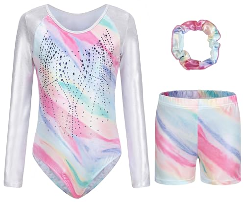 FEOYA Turnanzug Mädchen Langarm Kinder Gymnastikanzug mit Shorts Haarband Set Tanz Gymnastik Training Dancewear 3er Set Gymnastikanzug Tanzen Kleidung C 7-8 Jahre von FEOYA