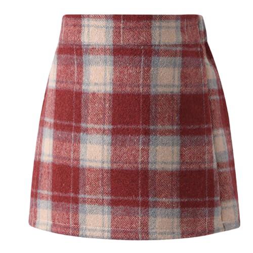 FEOYA Tweed Kurz Rock Kinder Mädchen Kariert Minirock Vintage Hüftrock Herbst Winter Schulrock Elastische Taille A-Linie Röcke mit Innenhose 170 von FEOYA