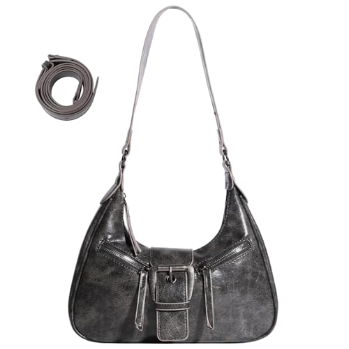 FEOYA Umhängetasche Damen PU Leder Hobo Bag Vintage Y2K Schultertasche Klein Handtasche Reißverschluss Clutch Geldbörse für Mädchen Grau von FEOYA