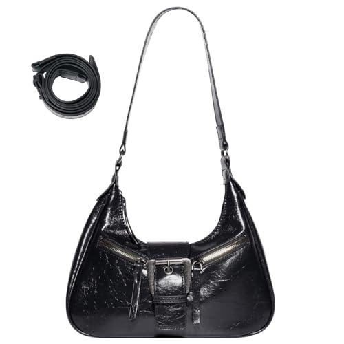 FEOYA Umhängetasche Damen PU Leder Hobo Bag Vintage Y2K Schultertasche Klein Handtasche Reißverschluss Clutch Geldbörse für Mädchen Schwarz von FEOYA