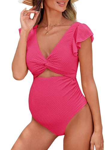 FEOYA Umstands Puffle Badeanzug Einteilig mit V-Ausschnitt Schwangere Hoche Taille Geschnitten Bathing Suit Bequemer Modischer Sommer Bikini für Maternity S von FEOYA