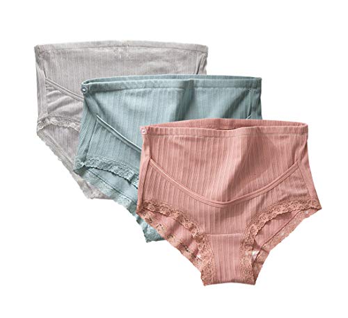 FEOYA Umstands-Slips Umstandsunterwäsche Umstands-Höschen-Set Schwangerschafts-Slips Unterwäsche für Schwangere, 3 Stück Rosa Grau Blau, Gr.XXL von FEOYA