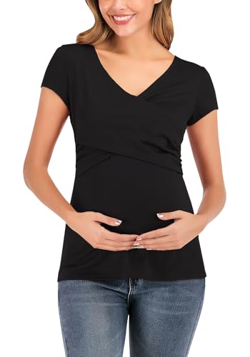 FEOYA Umstandsbluse Still-T-Shirt Still-Tanktop Kreuz V Ausschnitt Kurzarm Schwangerschaftskleidung Sommer Casual Bequem Umstandstop L von FEOYA