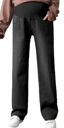 FEOYA Umstandshose Jeans Stretch Schwangerschaftsjeans mit geradem Bein Modische Bauchunterstützung Umstandsjeans mit Elastischer Taille Schwarz 2XL von FEOYA