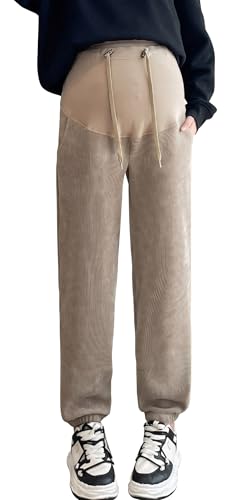 FEOYA Umstandshose für Schwangere Schwangerschaftshose Stretch Jogginghose Freizeithose Mit Taschen und Tunnelzug Maternity Pants Khaki XL von FEOYA