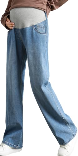 FEOYA Umstandsjeans mit Bauchband Damen Schwanger Schwangerschaftsjeans Stretch Herbst Winter Freizeitjeans mit Tasch Blau M von FEOYA