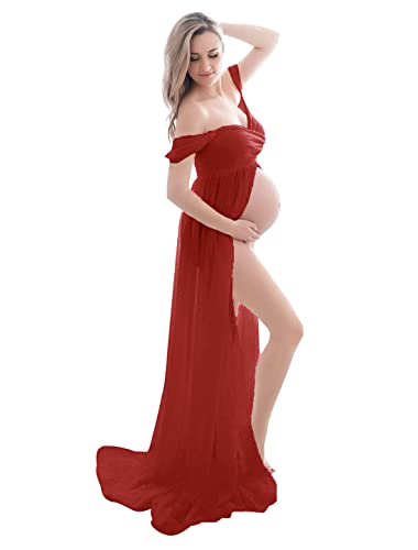 FEOYA - Umstandskleid Fotoshooting Damen Umstandsmode Elegant für Festlich Party Mütter Geschenke Schwangerschaftskleid Frauen Maxi Schwangere Kleid Frauen - Rot - S von FEOYA