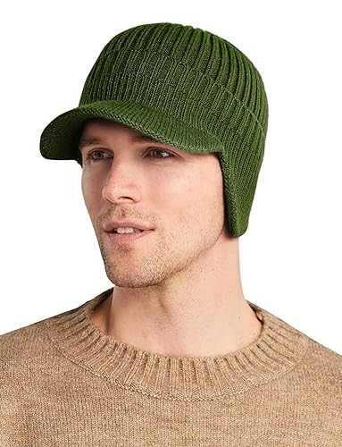 FEOYA Unisex Strickmütze mit Ohrenklappen Herren Damen Beanie Mützen mit Krempe Winter Gefüttert Thermo Mütze - A-Armeegrün von FEOYA