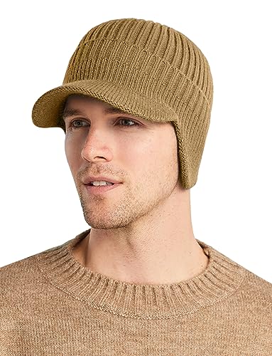 FEOYA Unisex Strickmütze mit Ohrenklappen Herren Damen Beanie Mützen mit Krempe Winter Gefüttert Thermo Mütze - A-Khaki von FEOYA