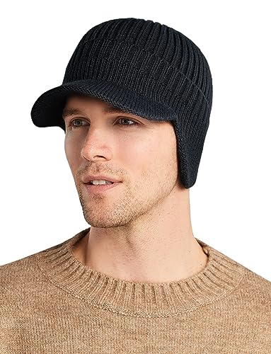 FEOYA Unisex Strickmütze mit Ohrenklappen Herren Damen Beanie Mützen mit Krempe Winter Gefüttert Thermo Mütze - A-Schwarz von FEOYA