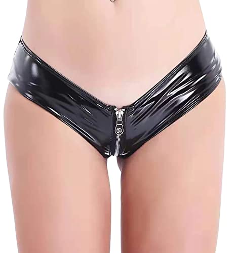 FEOYA Unterhosen Damen Lederlook Schwarz Hipster Tanga Slip Unterwäsche Hohe Taille Komfort Höschen Sanft Panty Hotpants Wetlook L von FEOYA