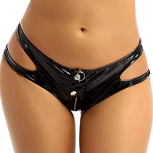 FEOYA Unterhosen Damen Sexy Lederlook Schwarz Hipster mit Reißverschluss Slip Unterwäsche Hohe Taille Komfort Höschen Hotpants Wetlook L von FEOYA