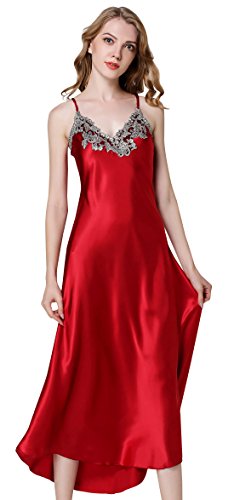 FEOYA V-Ausschnitt Nachtwäsche Elegant Sleepwear Einfarbig Lang Nachthemd Bequem Unterkleid Ärmellos Rückenfrei Kleid Damen Negligee Rot - Größe L von FEOYA