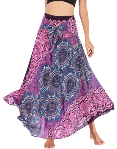 FEOYA Verstellbares Riemen Kleid Freizeit Urlaub Sommerrock Lang Gedruckter Rock Damen Chiffon Bohemien Maxirock Strandkleider - Muster 8 von FEOYA