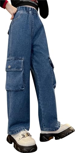 FEOYA Vintage Hose Mädchen Baggy Jeans Breites Bein Cargohose Boyfriend Hose Locker Freizeithose Sommer Jeanshose Streetwear Cargo Jeans Y2K Denim Pants Casual Trousers 170 von FEOYA