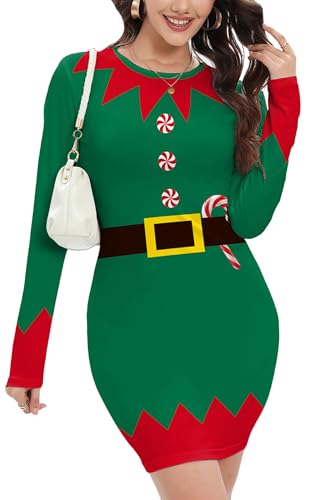 FEOYA Weihnachtskleid Damen Langarm Pulloverkleid Druck Weihnachten Kleider Rundhals Minikleid Herbst Winter Elegant Partykleid XL von FEOYA