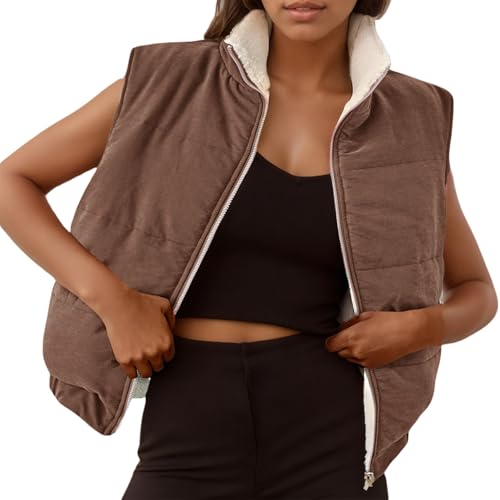 FEOYA Wendewesten Damen Kuschelweste Thermo Weste Ärmellose Fleecejacke Reißverschluss Warme Wintermantel mit Taschen M Braun von FEOYA