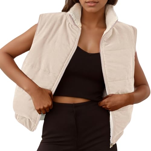 FEOYA Wendewesten Damen Kuschelweste Thermo Weste Ärmellose Fleecejacke Reißverschluss Warme Wintermantel mit Taschen M Khaki von FEOYA