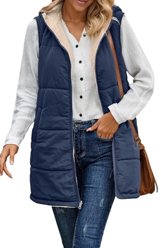 FEOYA Wendewesten Damen Lang Steppweste Gefüttert Fleeceweste Warm Ärmellos Winterjacke mit Kapuze Taschen Blau XL von FEOYA