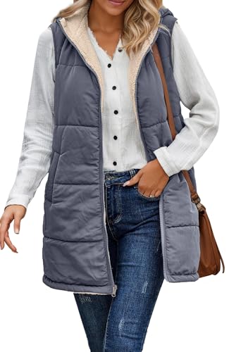 FEOYA Wendewesten Damen Lang Steppweste Gefüttert Fleeceweste Warm Ärmellos Winterjacke mit Kapuze Taschen Grau XXL von FEOYA