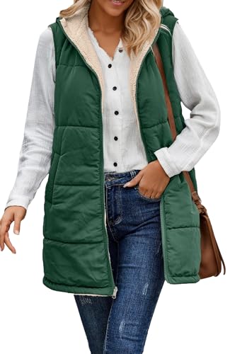 FEOYA Wendewesten Damen Lang Steppweste Gefüttert Fleeceweste Warm Ärmellos Winterjacke mit Kapuze Taschen Grün L von FEOYA