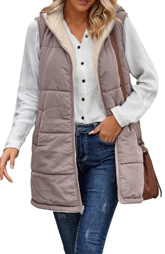 FEOYA Wendewesten Damen Lang Steppweste Gefüttert Fleeceweste Warm Ärmellos Winterjacke mit Kapuze Taschen Lila XL von FEOYA