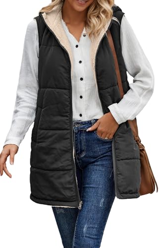 FEOYA Wendewesten Damen Lang Steppweste Gefüttert Fleeceweste Warm Ärmellos Winterjacke mit Kapuze Taschen Schwarz L von FEOYA