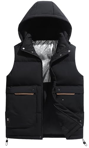 FEOYA Weste Herren Pufferweste Winddichte Steppweste Outdoor Dicke Freizeit Gilet Kapuze und Stehkragen Bodywarmer ärmellos Outdoor Jacke mit Taschen Schwarz L von FEOYA