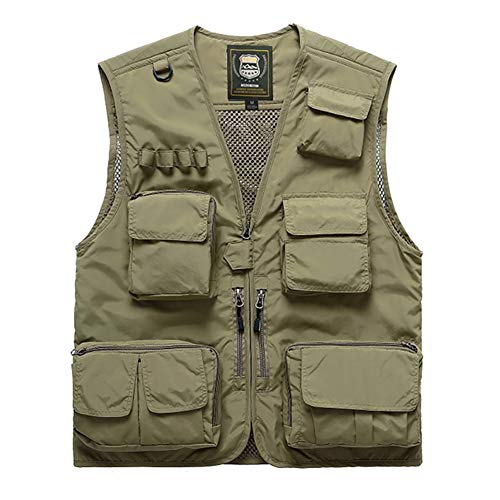 FEOYA Weste mit Taschen Herren Safari Weste Herren Sommer Outdoor Weste Herren Jagdweste Männer Atmungsaktiv Anglerweste Arbeitsweste Herren Freizeitweste Große Größe Fotografie Weste Khaki von FEOYA