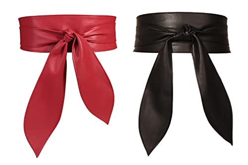FEOYA Wickelgürtel Damen Party Kleidgürtel Hochzeit Obi Breiter Gürtel für Kleid Damen Schärpe Gürtel Kunstleder Leder Brautgürtel Bindegürtel Taillengürtel Elegante Wickel Schnüren Schwarz+Rot S-M von FEOYA