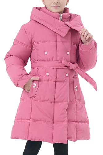 FEOYA Winter Daunenjacke Mädchen Lang Warm Gefüttert Gesteppt Steppmantel mit Kapuze Wassermelonenrot 140cm von FEOYA