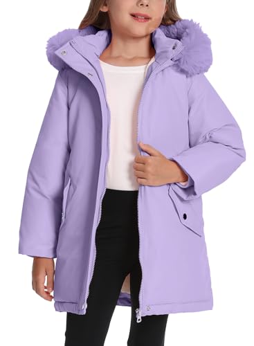 FEOYA Winterjacke Mädchen mit Kapuze Kinderjacken Parka Warm Wintermantel Lange Steppjacke Winddicht Fleecefutter Verdickte Lila 140cm von FEOYA
