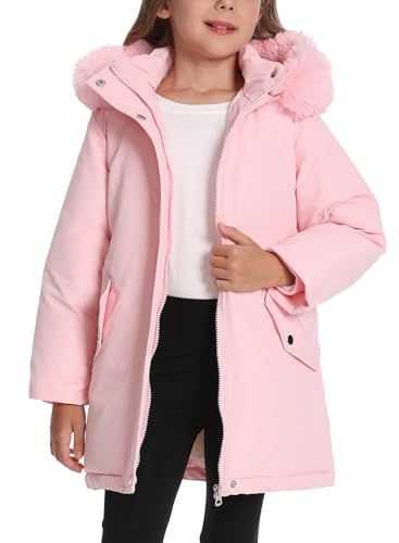 FEOYA Winterjacke Mädchen mit Kapuze Kinderjacken Parka Warm Wintermantel Lange Steppjacke Winddicht Fleecefutter Verdickte Rosa 150cm von FEOYA