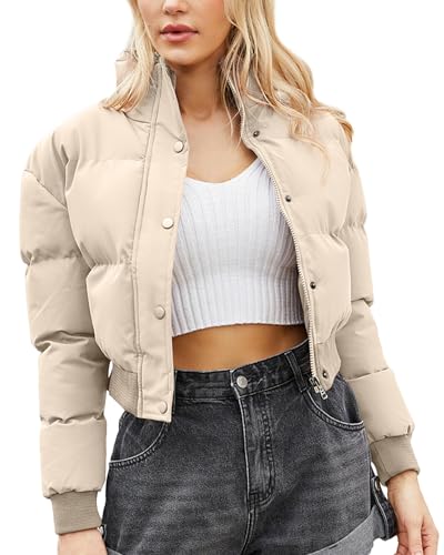 FEOYA Winterjacken Damen Kurze Warme Steppjack Cropped Pufferjacke mit Reißverschluss und Taschen 01 Khaki XL von FEOYA