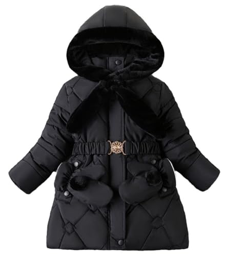 FEOYA Wintermantel Mädchen Verdickte Kapuzemantel Kinder Dicke Warm Winterjacke Mittellange Puffer Steppjacke Winddichte Outdoorjacke mit Handschuhe 150 von FEOYA