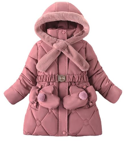 FEOYA Wintermantel Mädchen Verdickte Kapuzemantel Kinder Dicke Warm Winterjacke Mittellange Puffer Steppjacke Winddichte Outdoorjacke mit Handschuhe 150 von FEOYA