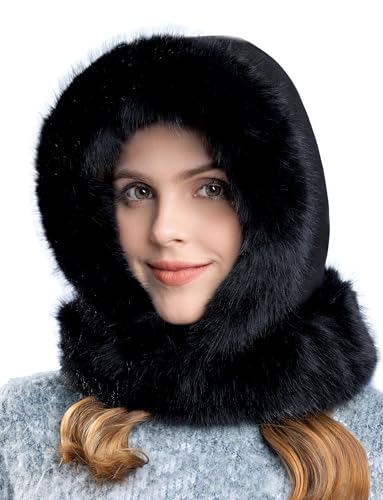 FEOYA Wintermütze Damen Balaclava Winter Warme Mütze Fleece mit Fleecefutter Gefütterte Winddichte Thermo Mütze Schal Set Plüsch Skimütze Sturmhaube Beanie Flauschiger Wildleder Hut Schwarz Halswärmer von FEOYA