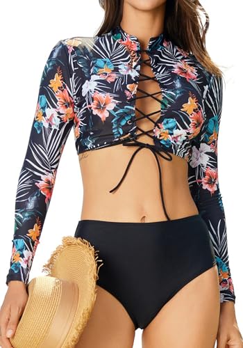 FEOYA Zweiteiliger Badeanzug Rashguard Damen Langarm Rash Guard Shirt + Bikini Badeshorts UV Badeshirts Tankini Set Blumendruck Bademode für Strand Surfen Sommerurlaub Schwarz-1 XL von FEOYA