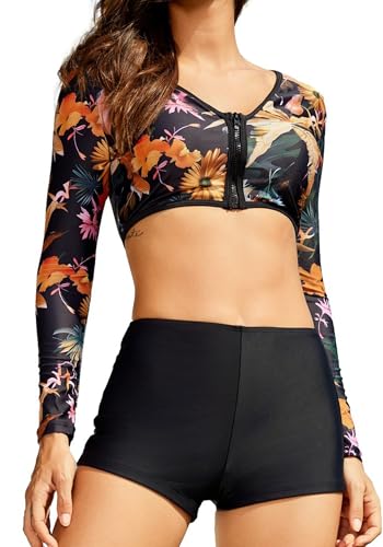 FEOYA Zweiteiliger Badeanzug Rashguard Damen Langarm Rash Guard Shirt + Bikini Badeshorts UV Badeshirts Tankini Set Blumendruck Bademode für Strand Surfen Sommerurlaub Schwarz-6 XL von FEOYA